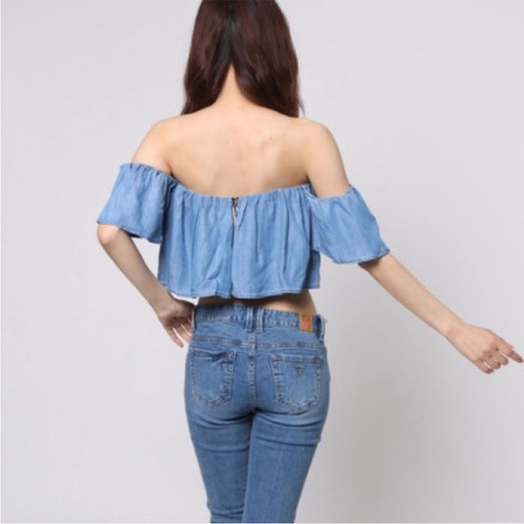 Guess Denim Off-The-Shoulder Corset Crop Top Sz: XS - Picture 7 of 16